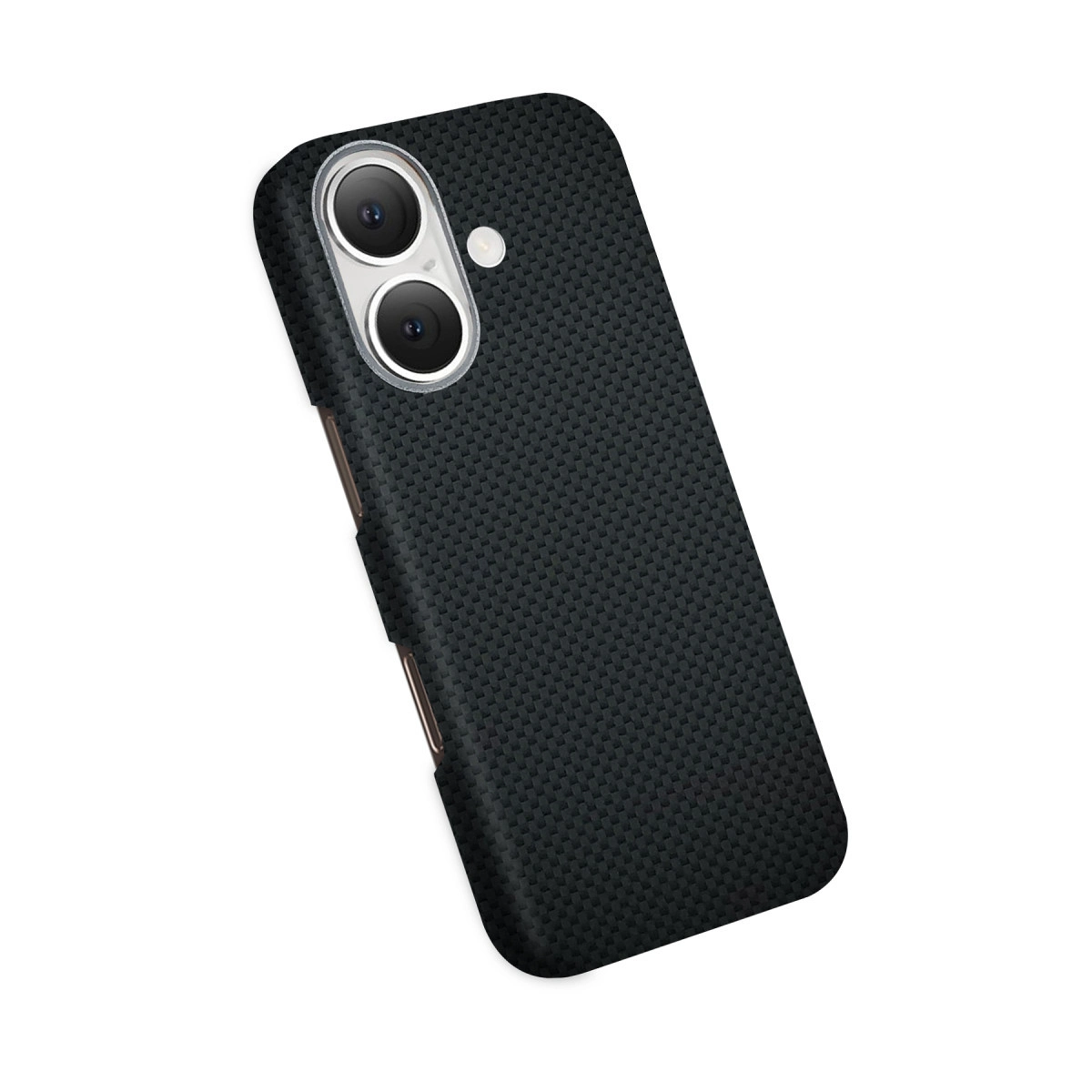 Doku desenli, üstte iki kamera lensli siyah telefon kılıfı.
