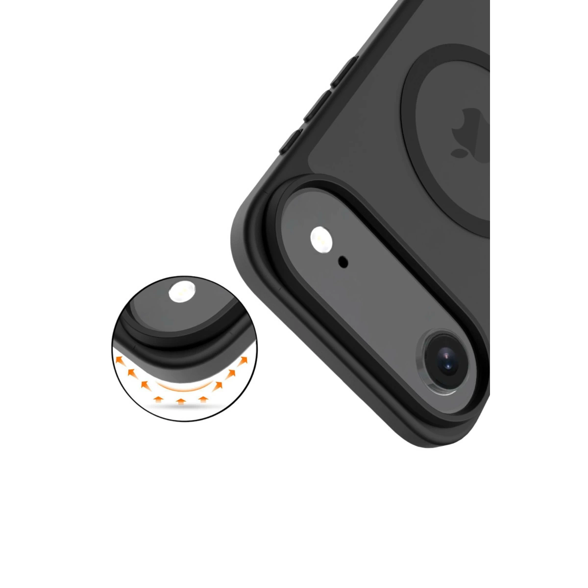 Kamera ve Apple logosu olan siyah iPhone kılıfı. Detay darbe emilimini gösterir.