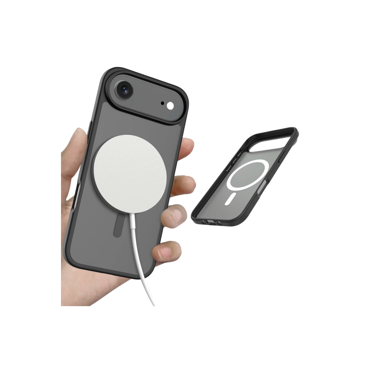Bir el, manyetik şarj kılıflı bir telefon tutuyor. Yanında başka bir kılıf var.