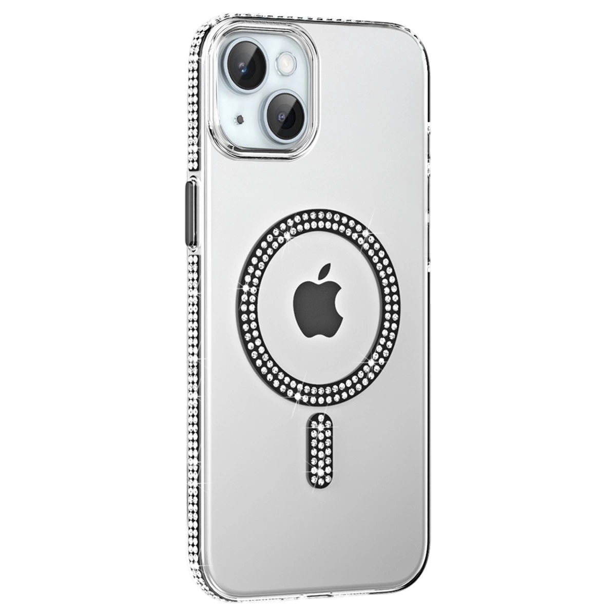 Elmas taşlı şeffaf iPhone kılıfı ve Apple logosu.
