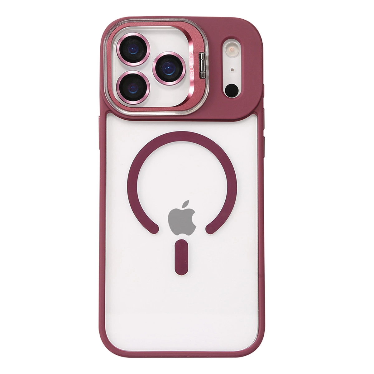 Üç kamera lensli ve Apple logolu bordo iPhone kılıfı.