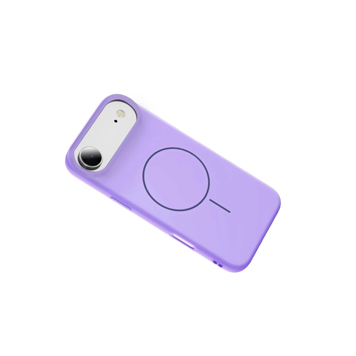 Beyaz arka plan üzerinde manyetik halka ve çizgili mor telefon kılıfı.