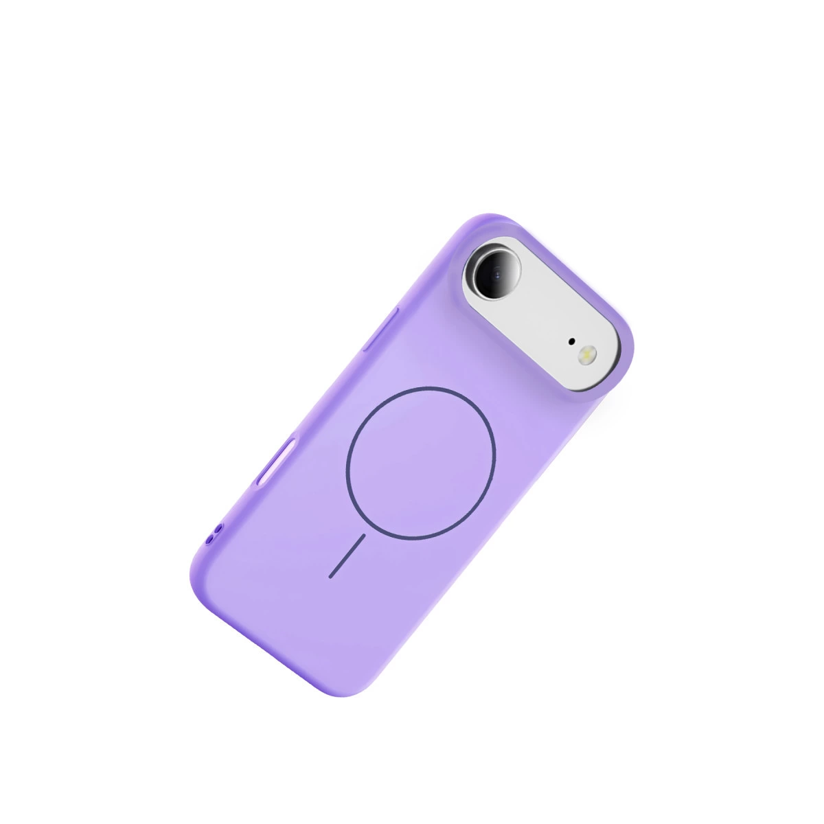 Beyaz arka plan üzerinde MagSafe halkası ve kamera kesimi olan mor telefon kılıfı.
