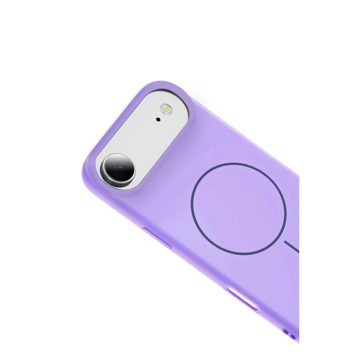 Beyaz arka plan üzerinde kamera lensi ve dairesel tasarımlı mor telefon kılıfı.