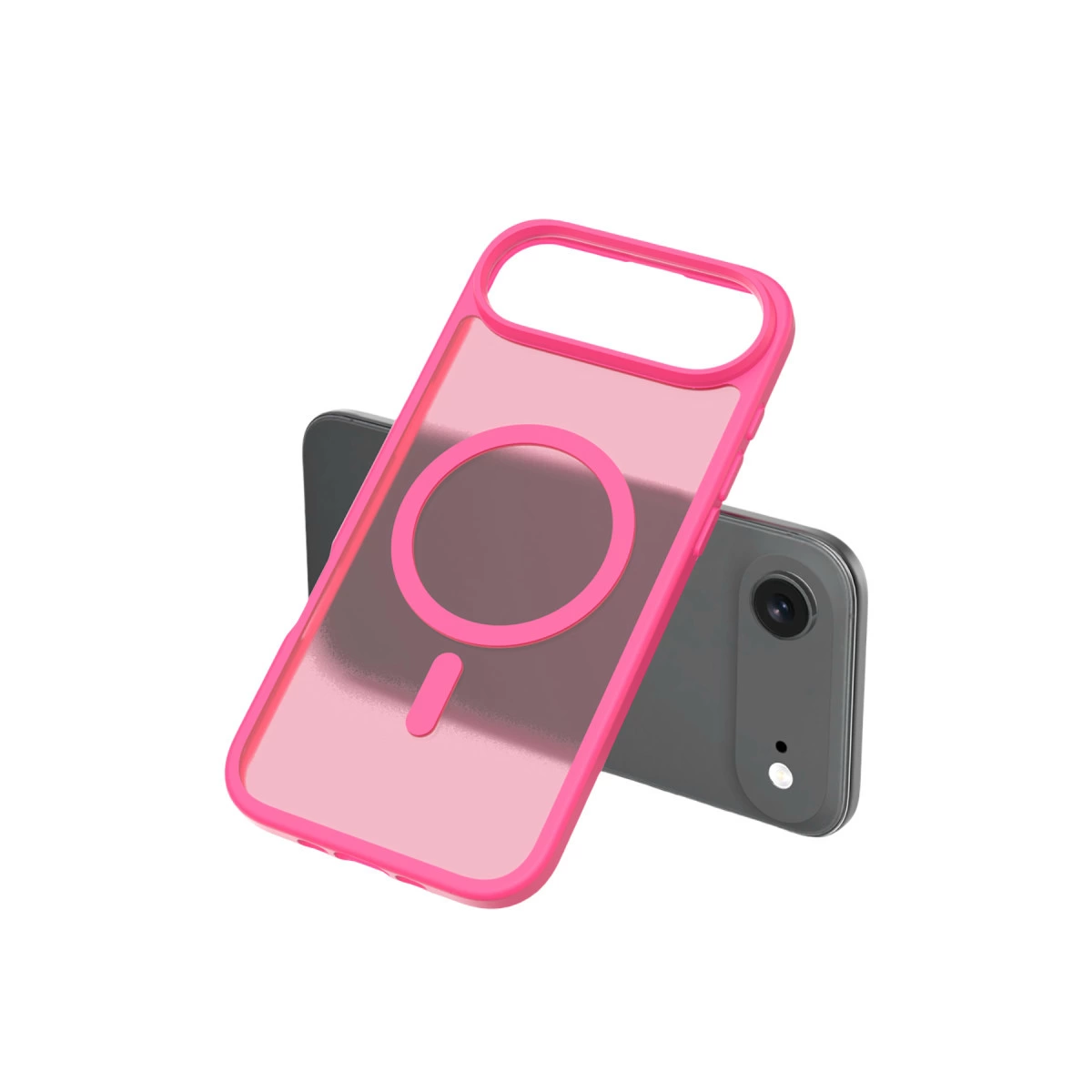 Şeffaf pembe telefon kılıfı gri bir telefonun üzerinde duruyor.