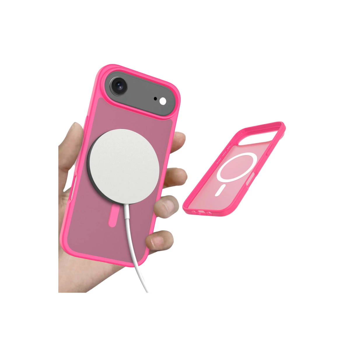 Bir el, şarj dairesi olan pembe bir telefon tutuyor. İkinci bir telefon kılıfı yanında duruyor.