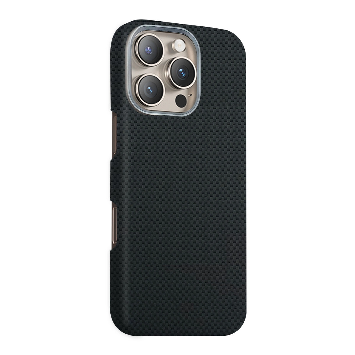 Karbon fiber desenli ve üçlü kamera kesimli siyah telefon kılıfı.