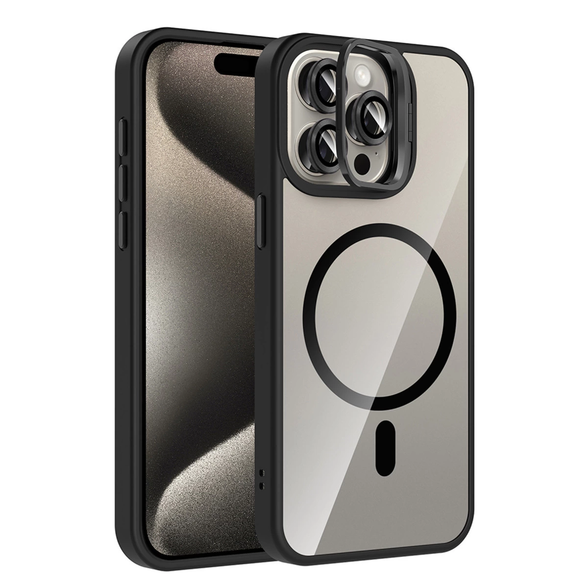 NEWFACE iPhone 14 Pro Max Uyumlu Remim Lensli Magsafe Standlı Kapak Telefon Kılıfı Siyah