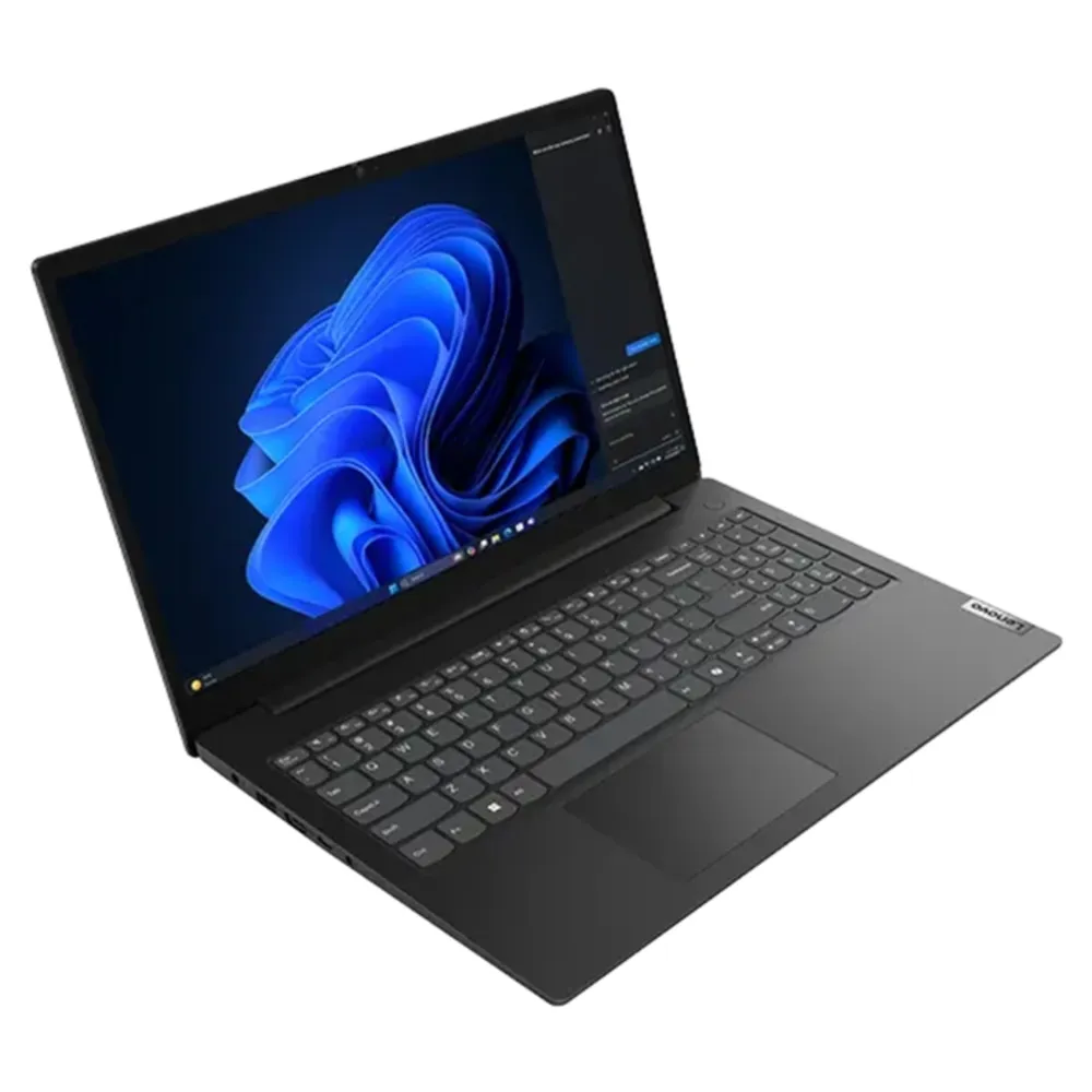 Mavi duvar kağıtlı ve klavyeli siyah bir Lenovo dizüstü bilgisayar.