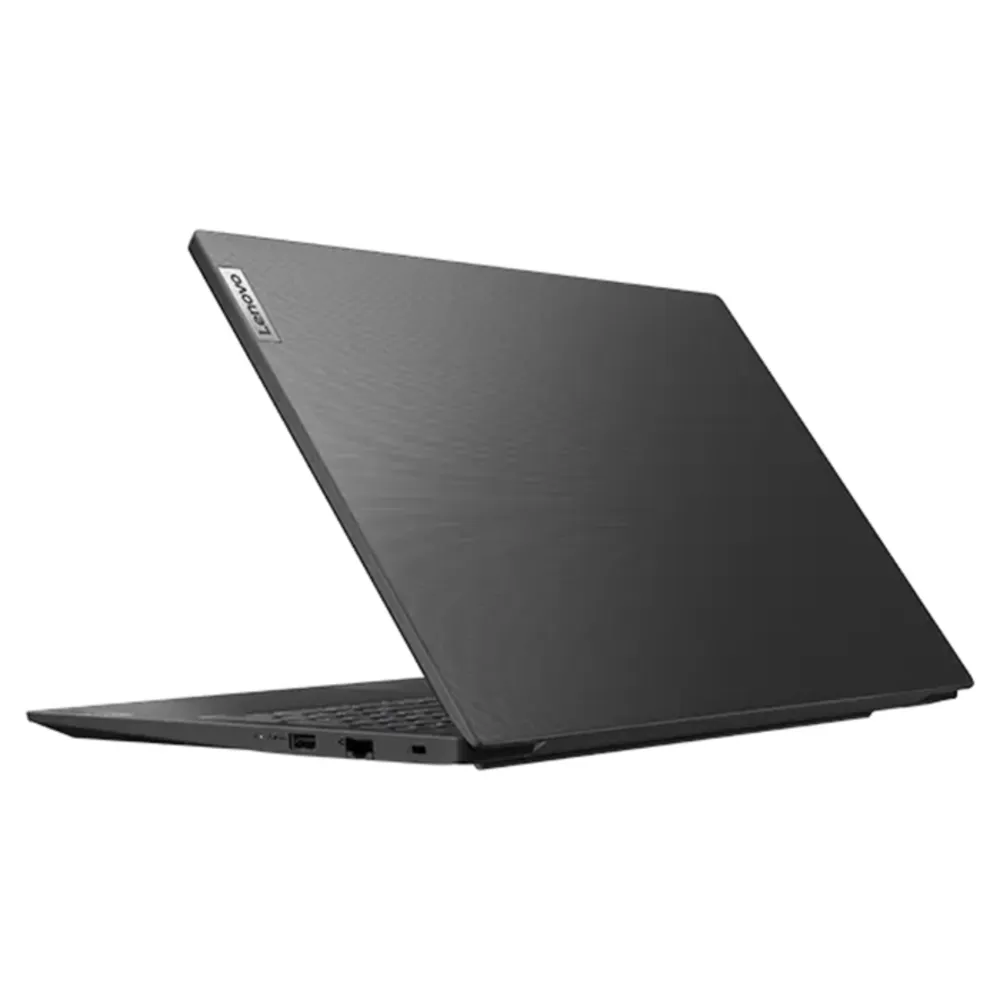 Siyah bir Lenovo dizüstü bilgisayar, kapağı açık şekilde yandan gösteriliyor.