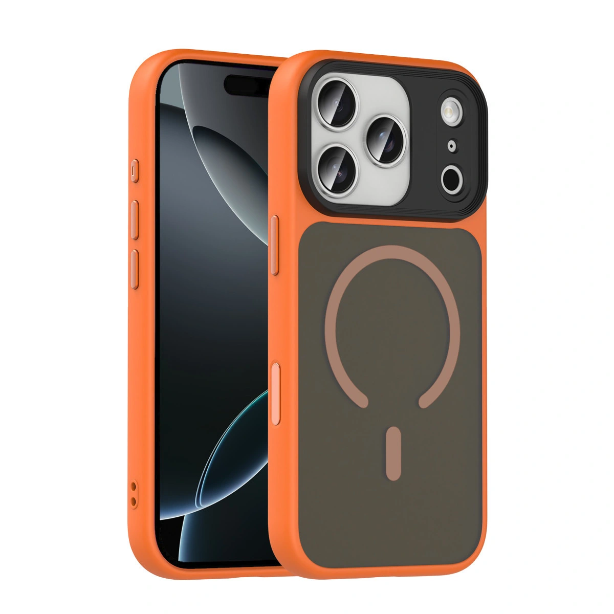 Kamera kesimi ve manyetik halka bulunan, koyu gri sırtlı turuncu iPhone kılıfı.