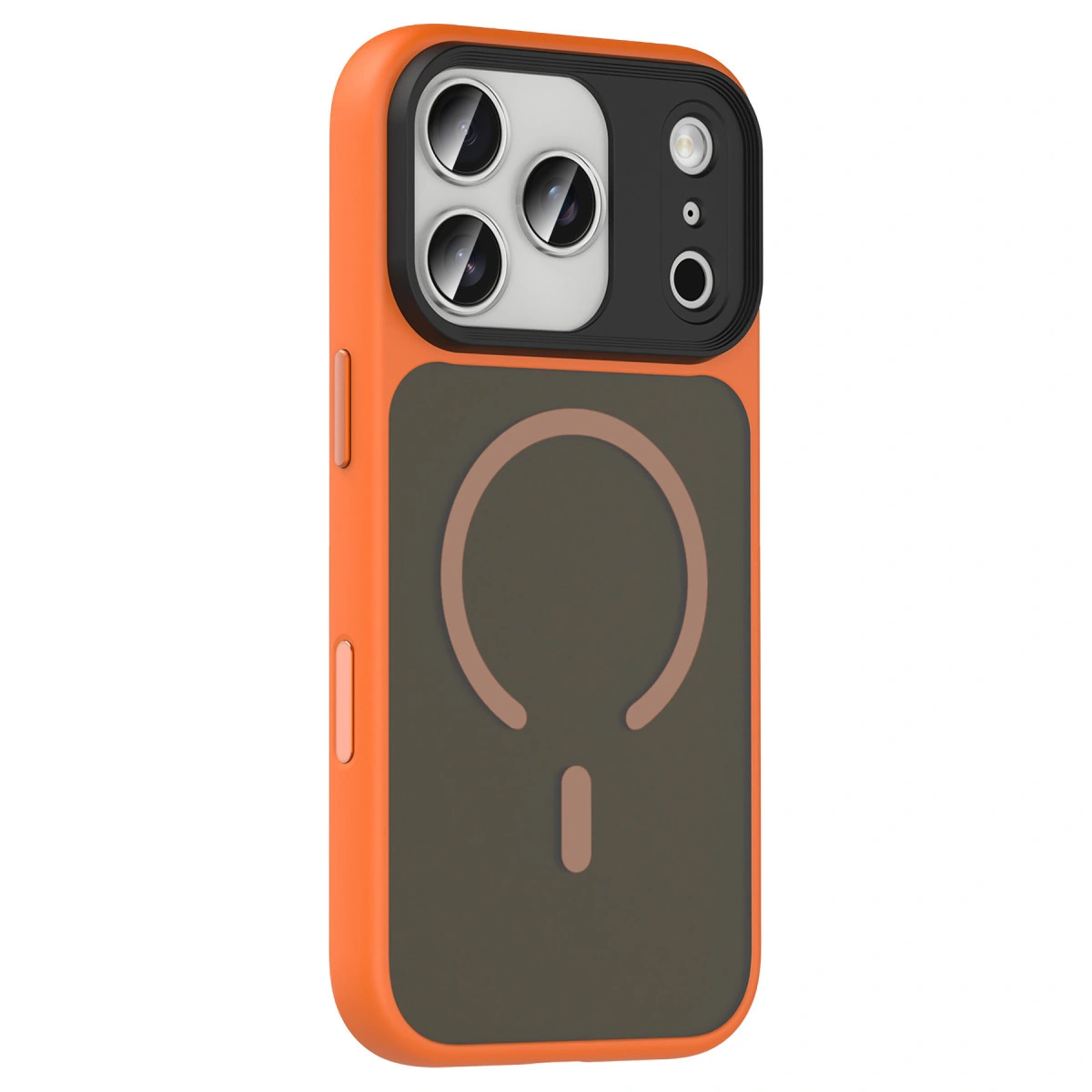 Üç kamera lensli ve MagSafe sembollü turuncu telefon kılıfı.