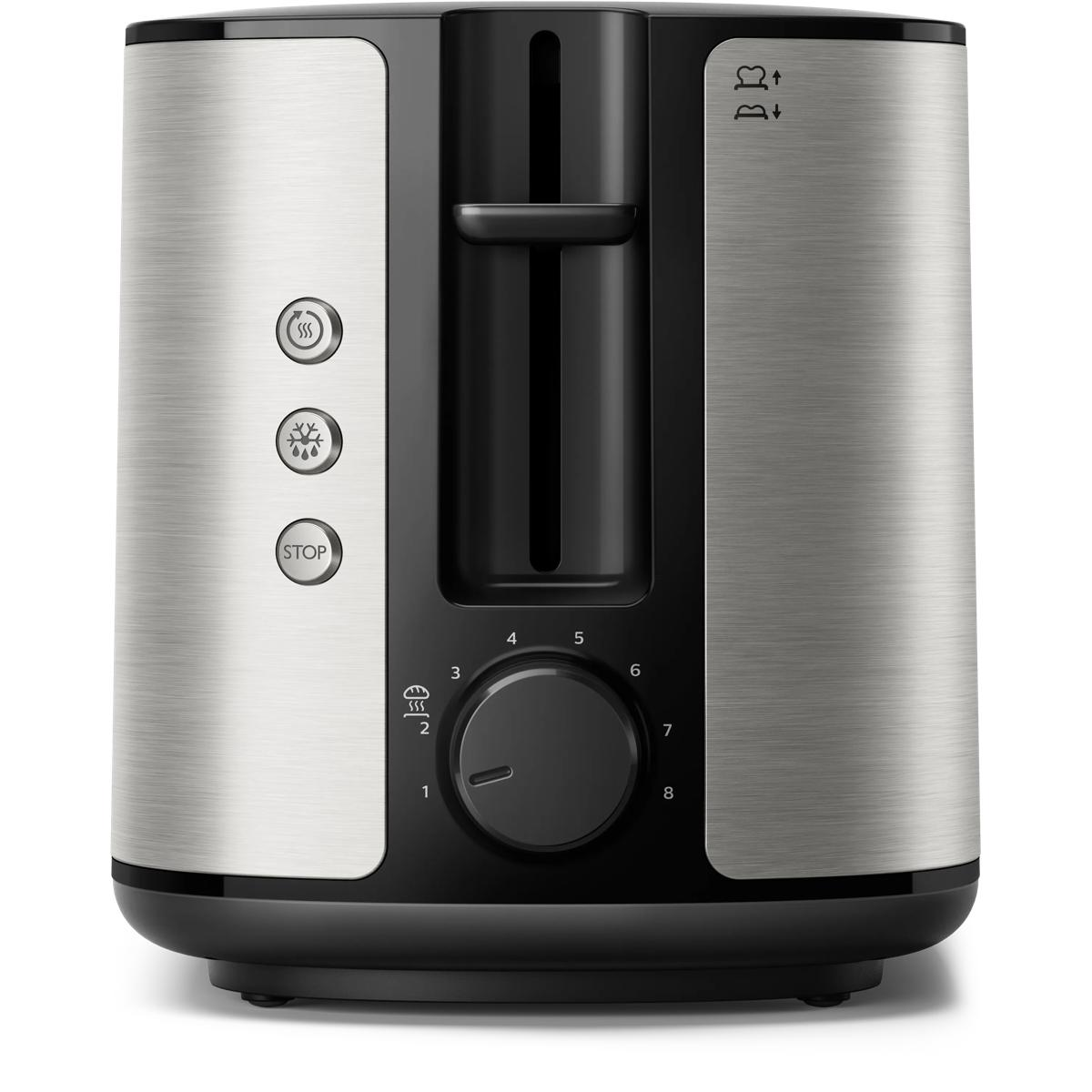 Ein silberner und schwarzer Toaster mit Bräunungsgradregler und Bedienelementen.