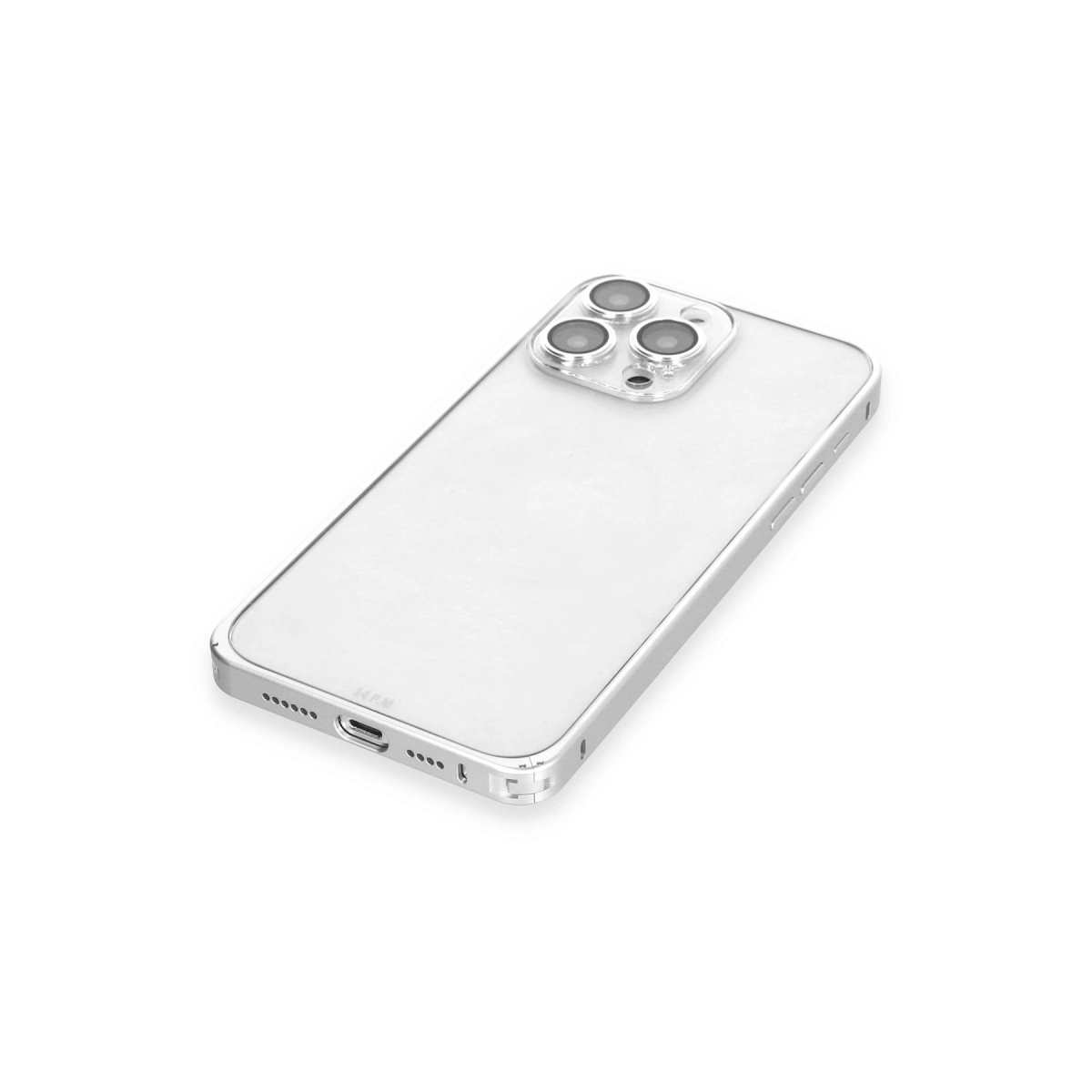 Beyaz arka plan üzerinde gümüş kenarlı şeffaf telefon kılıfı.