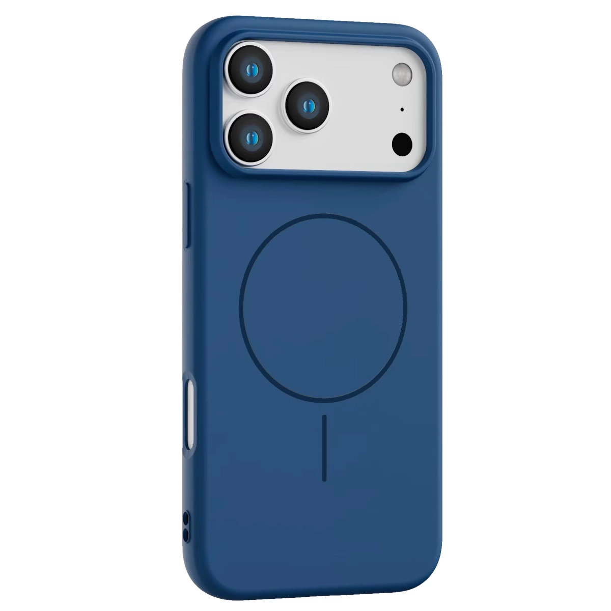 Üç kamera lensli ve manyetik halkalı lacivert telefon kılıfı.