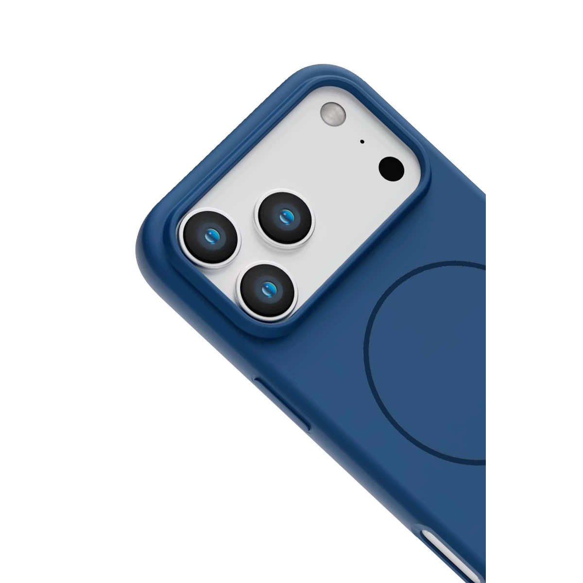 Üç kamerası ve flaşı olan mavi telefon kılıfı.