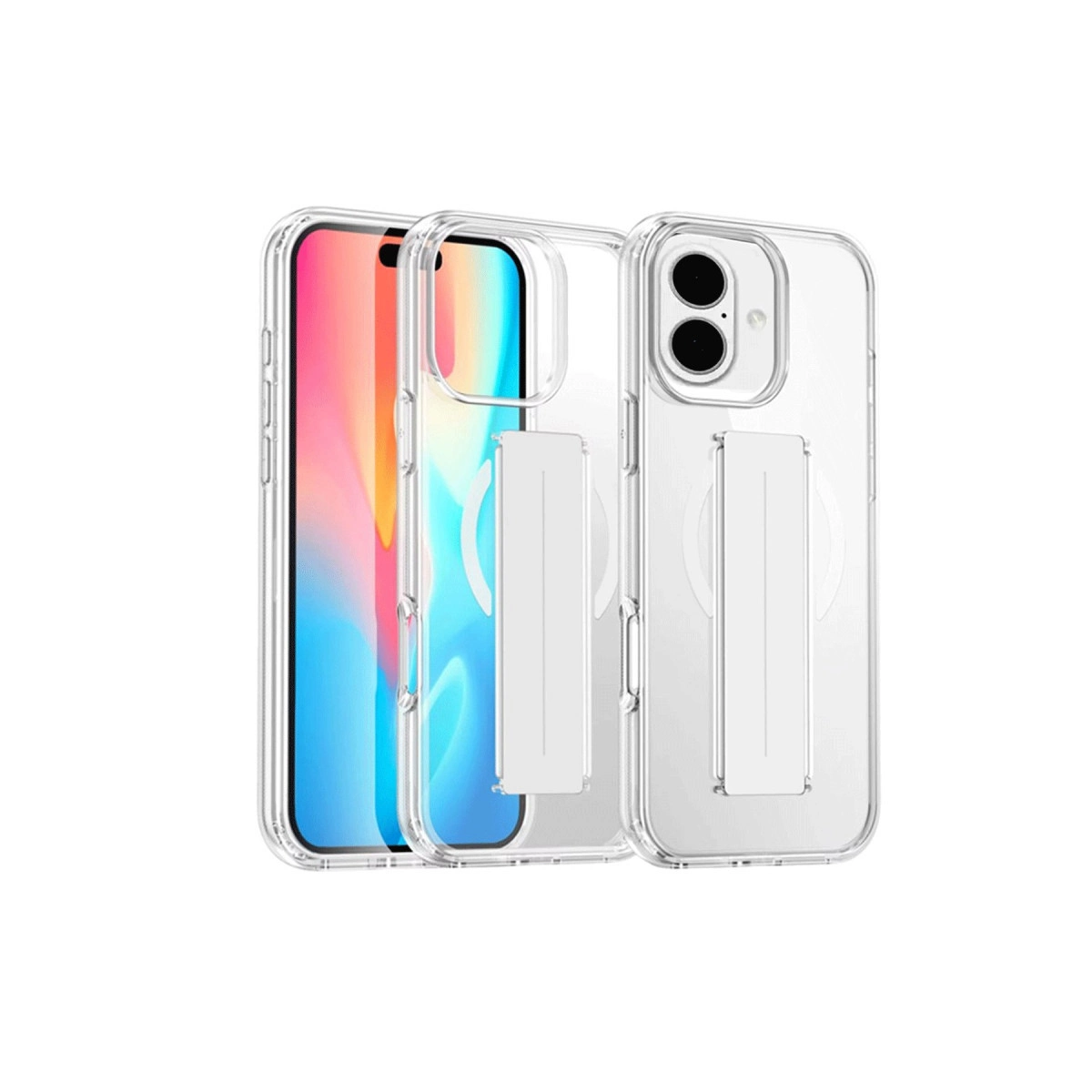 Standlı iki şeffaf telefon kılıfı, biri renkli ekran gösteriyor.