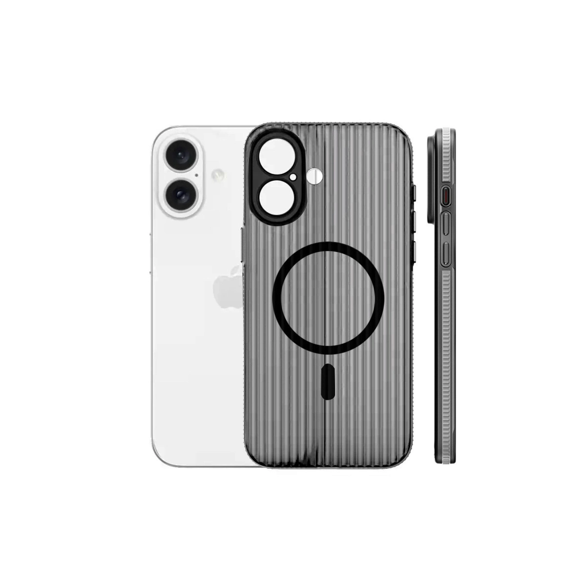 Mıknatıslı halkalı, yivli gri telefon kılıfının yanında beyaz bir iPhone.