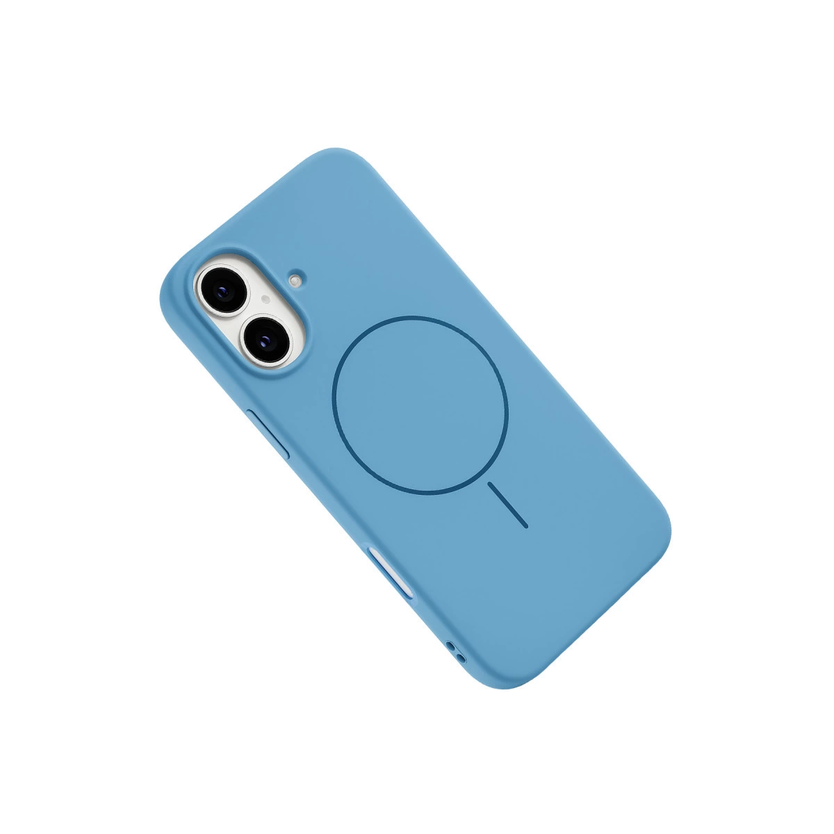 Kamera modülü ve manyetik halkalı mavi telefon kılıfı. Beyaz arka plan.