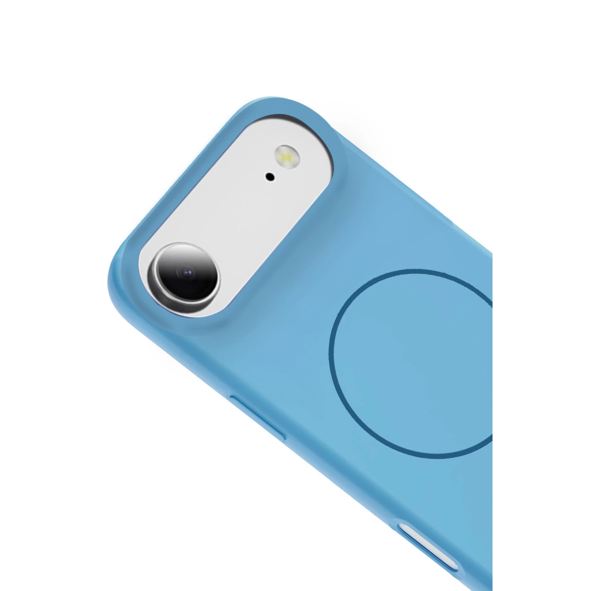Beyaz arka plan üzerinde kamera modülü ve flaşlı mavi telefon kılıfı.