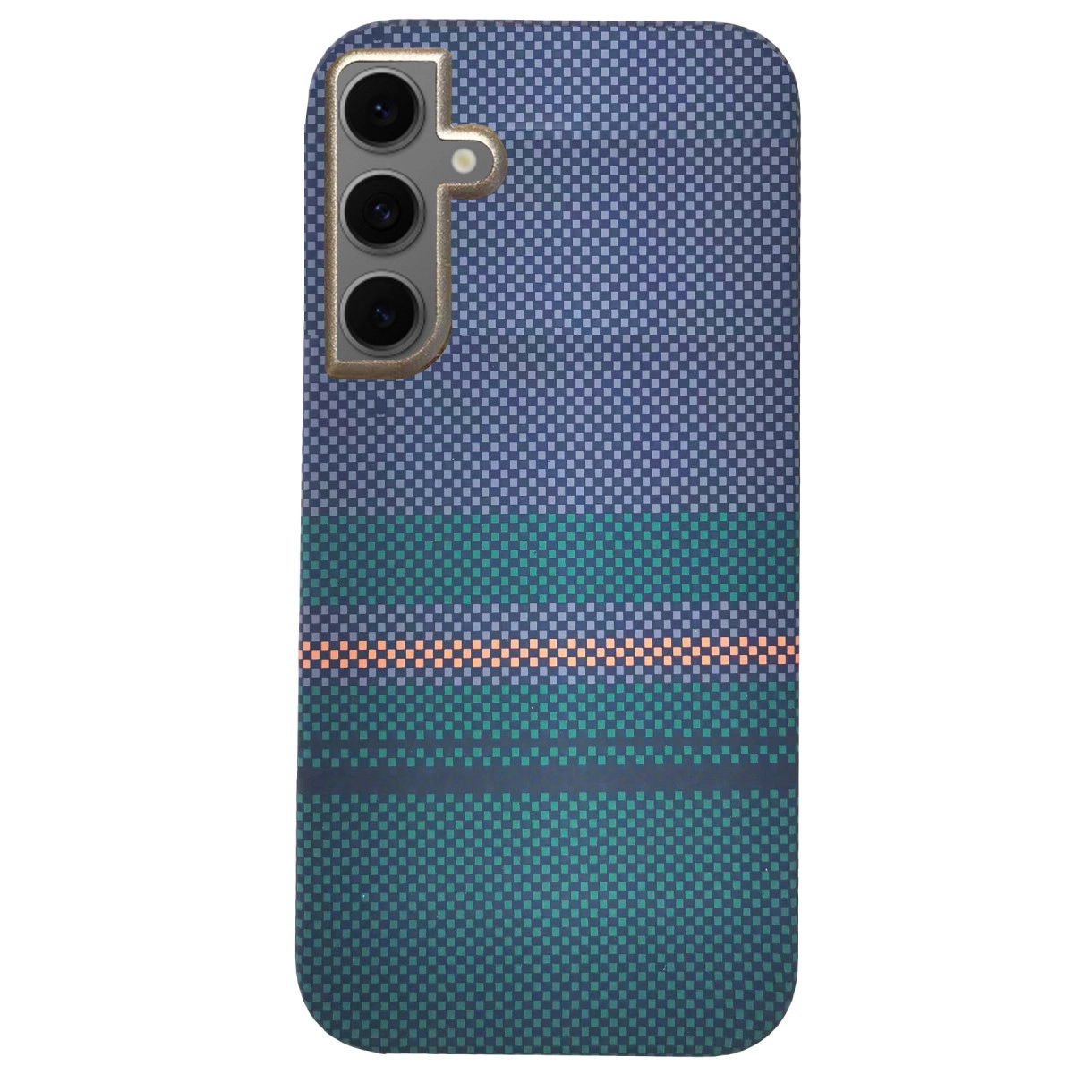 Yeşil ve turuncu yatay çizgili, damalı desenli mavi telefon kılıfı.