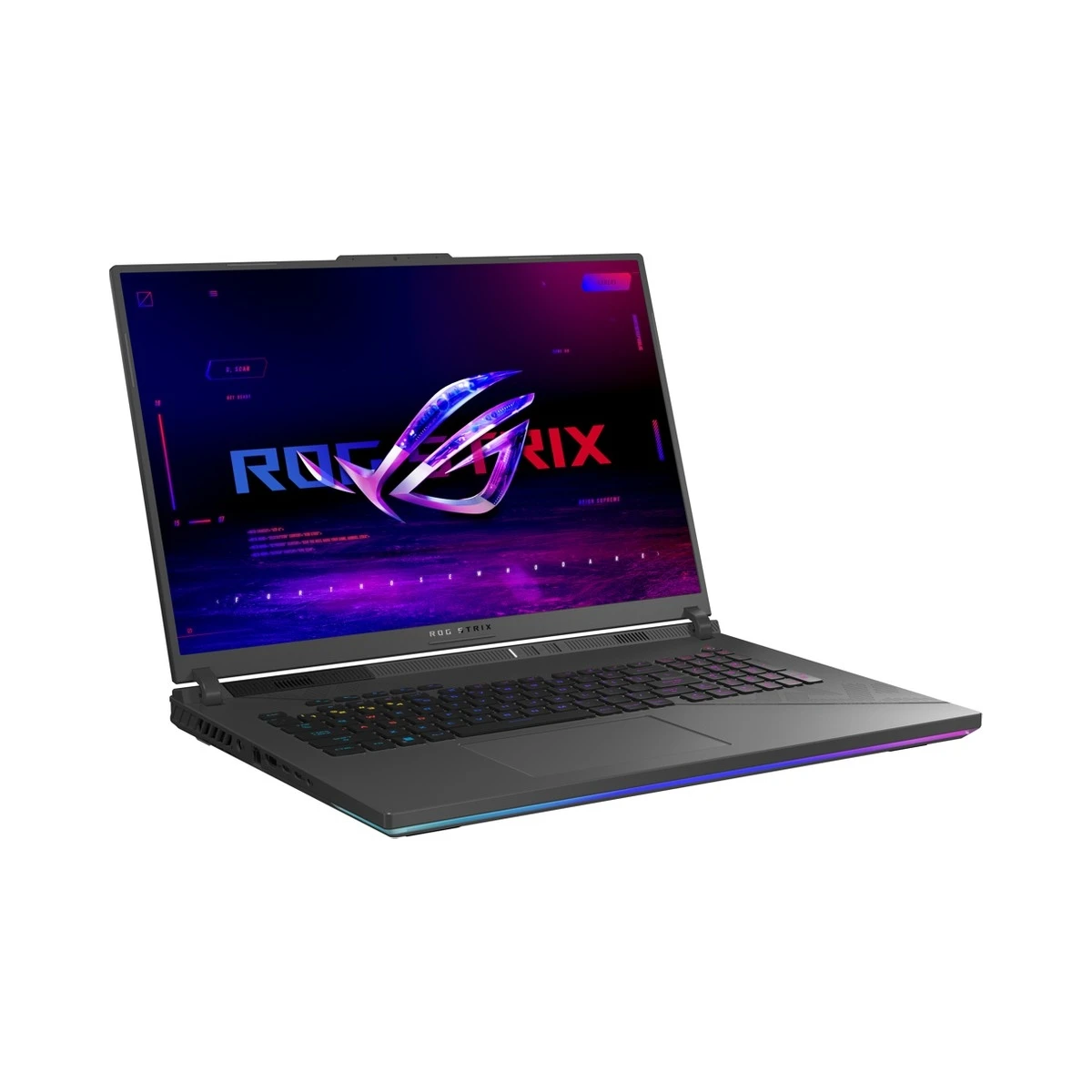 Açık bir dizüstü bilgisayarın karanlık, aydınlatılmış ekranında ROG Strix logosu.