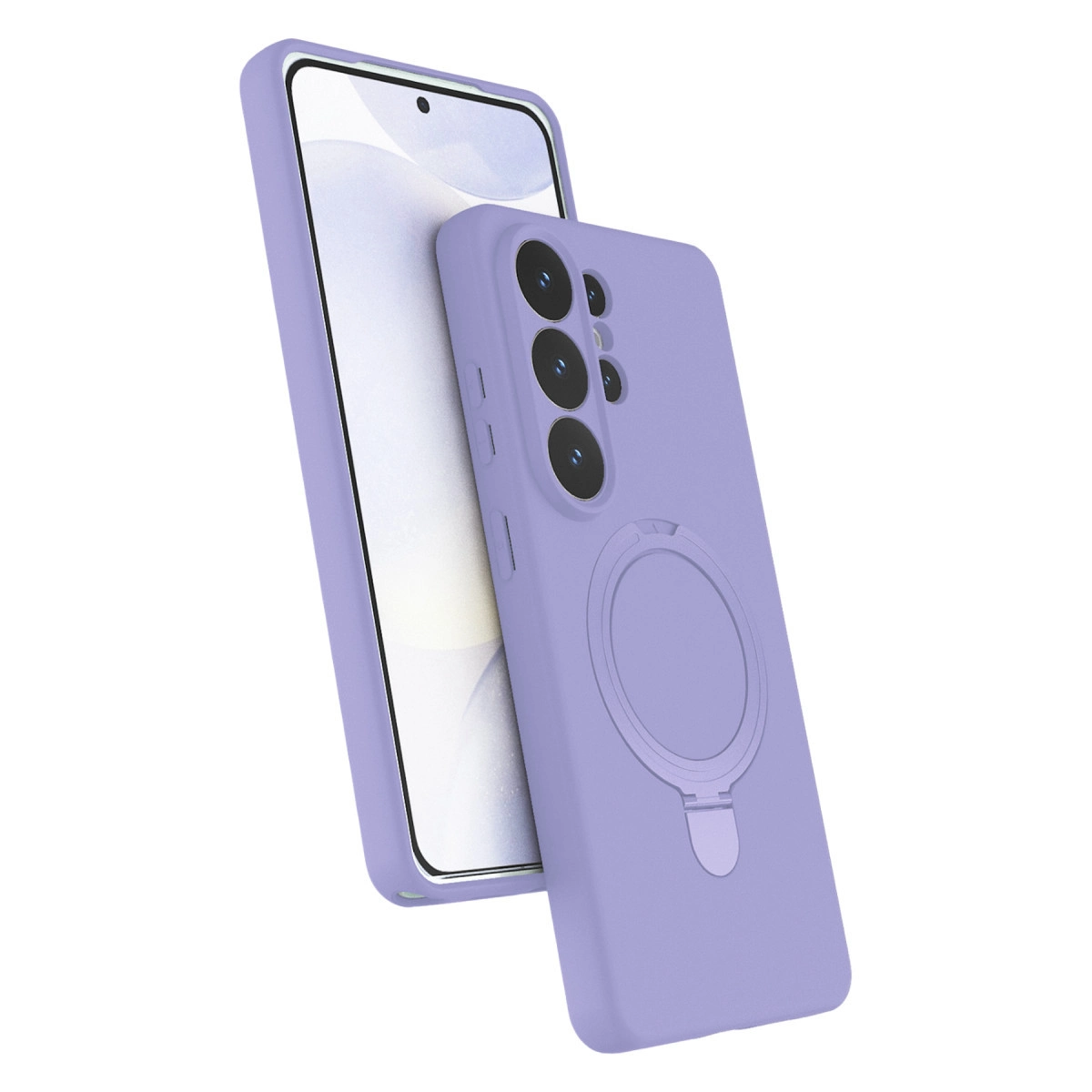 Arkada kamera bulunan, halka tutuculu lavanta rengi telefon kılıfı.