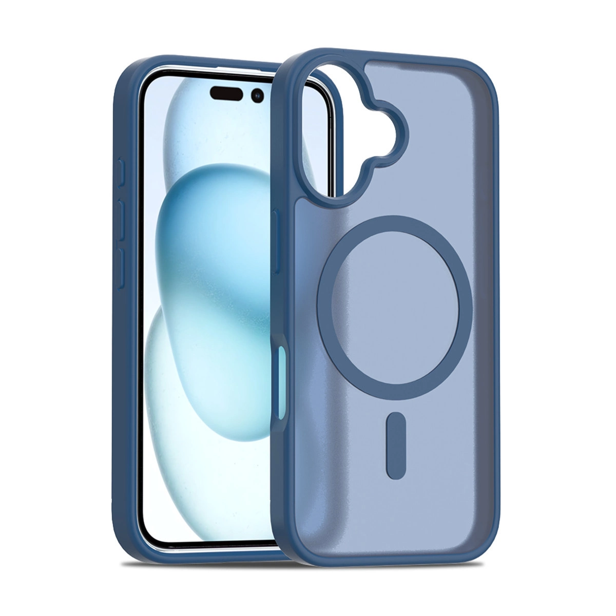 Arkada daire ve çizgi desenli mavi telefon kılıfı.