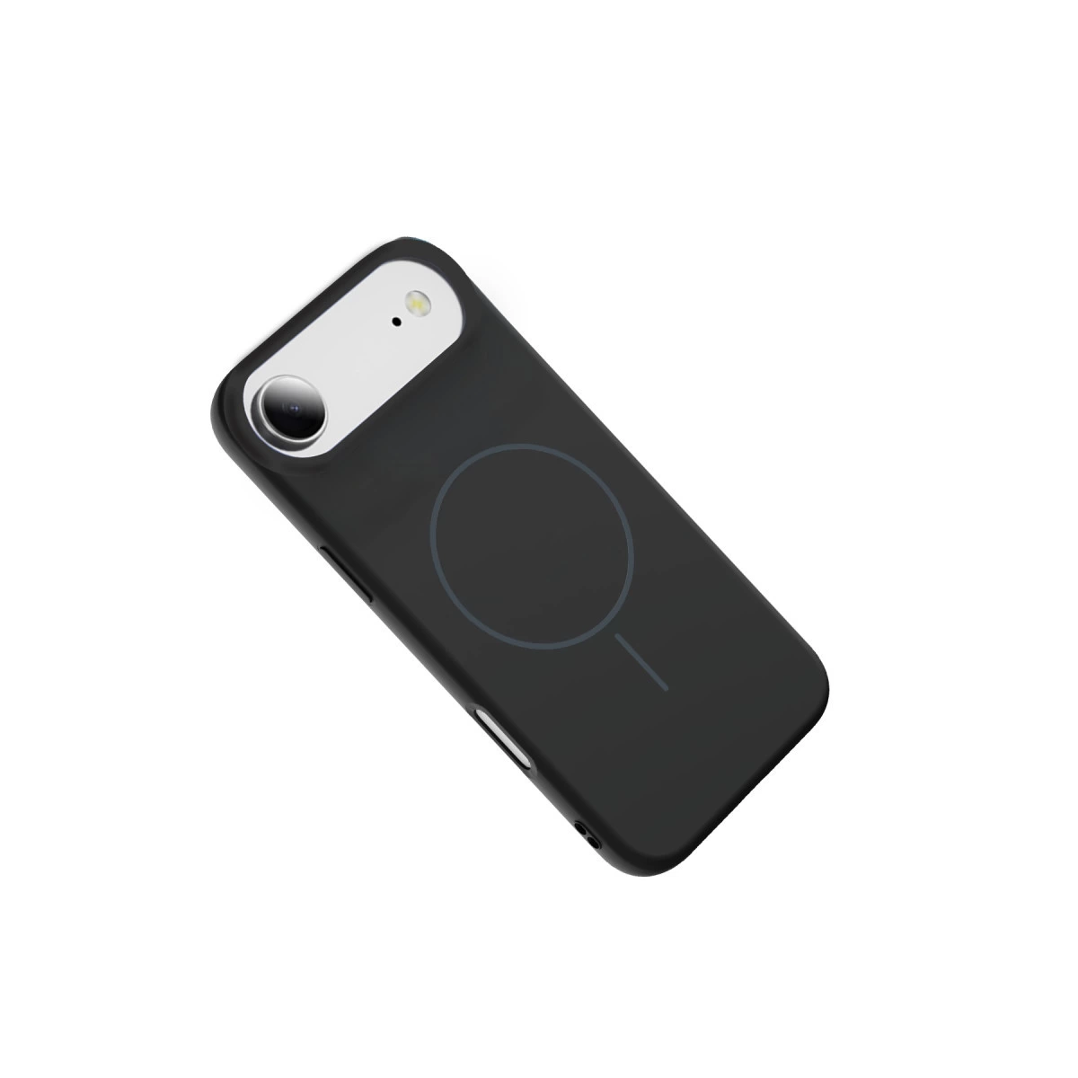 Beyaz arka plan üzerinde kamera ve şarj halkası olan siyah telefon.