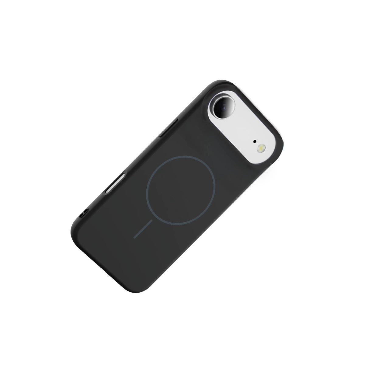 Arkada dairesel manyetik şarj alanına sahip siyah bir iPhone.