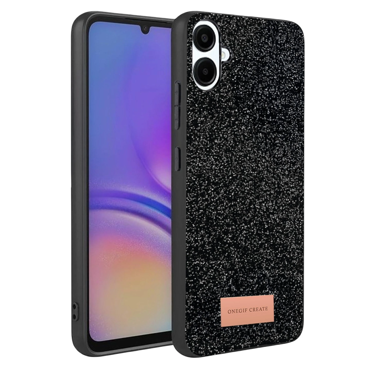 Simli kılıflı siyah telefon ve çift kamera modülü.