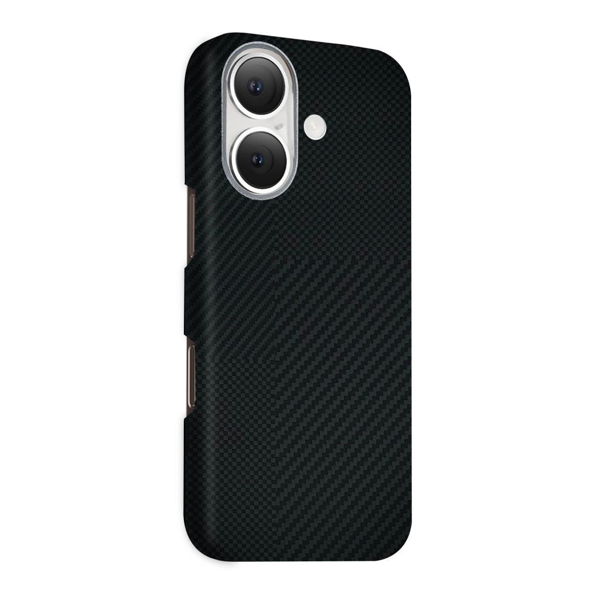 İki kameralı, siyah karbon desenli telefon kılıfı.