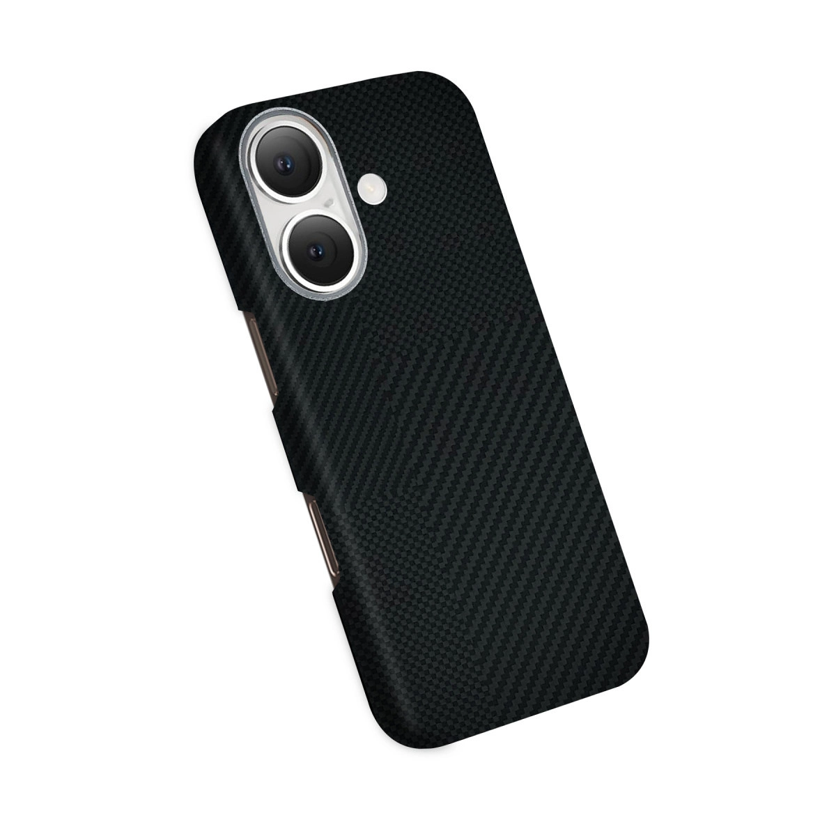 Çift kamera kesimli, siyah karbon fiber desenli telefon kılıfı.