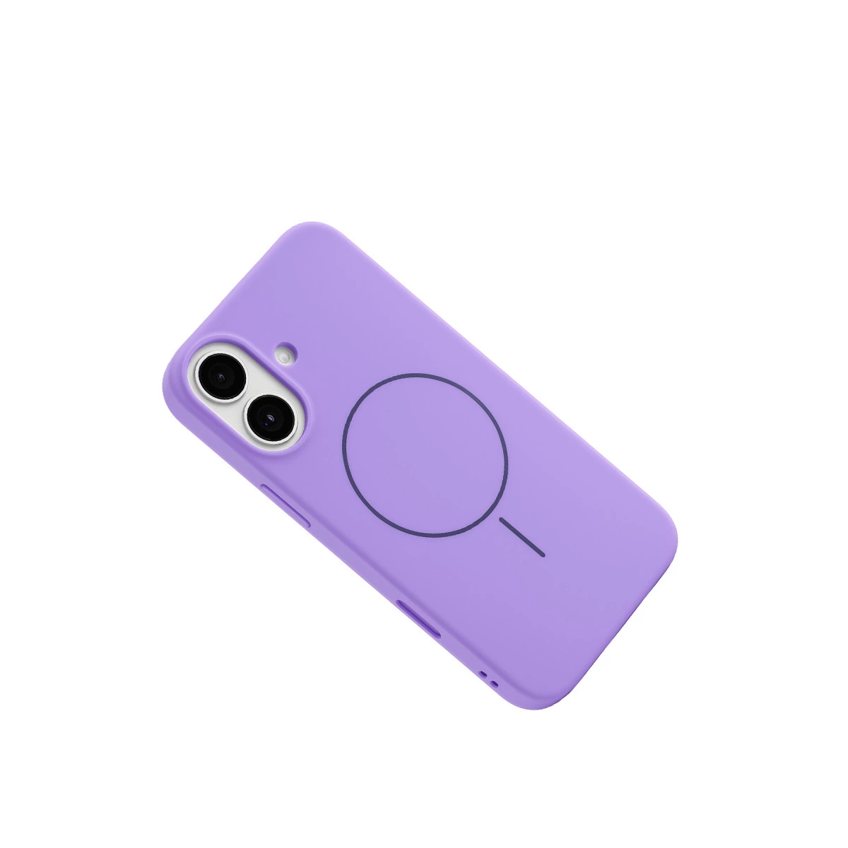 Arkada iki kamera lensi ve dairesel tasarıma sahip lavanta rengi telefon kılıfı.