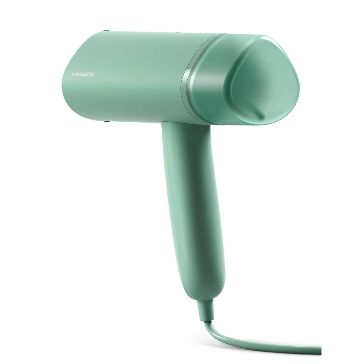 Ein mintgrüner Handdampfglätter mit Philips-Logo, weißer Hintergrund.