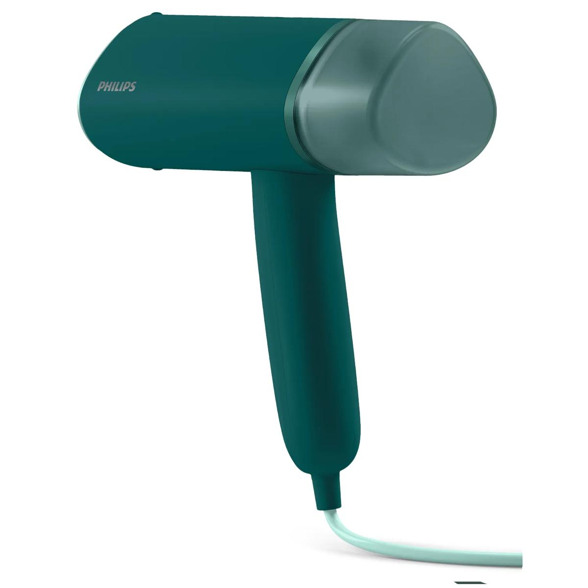 Ein türkisfarbener Handdampfer von Philips mit grauem Aufsatz und Kabel.