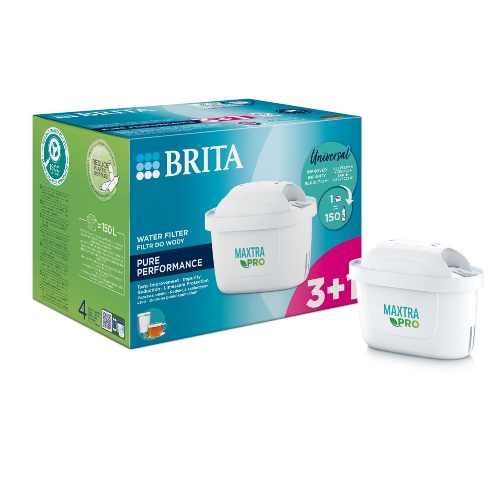 Scatola filtro acqua Brita Maxtra Pro con 3+1 filtri. Filtri bianchi con logo verde.