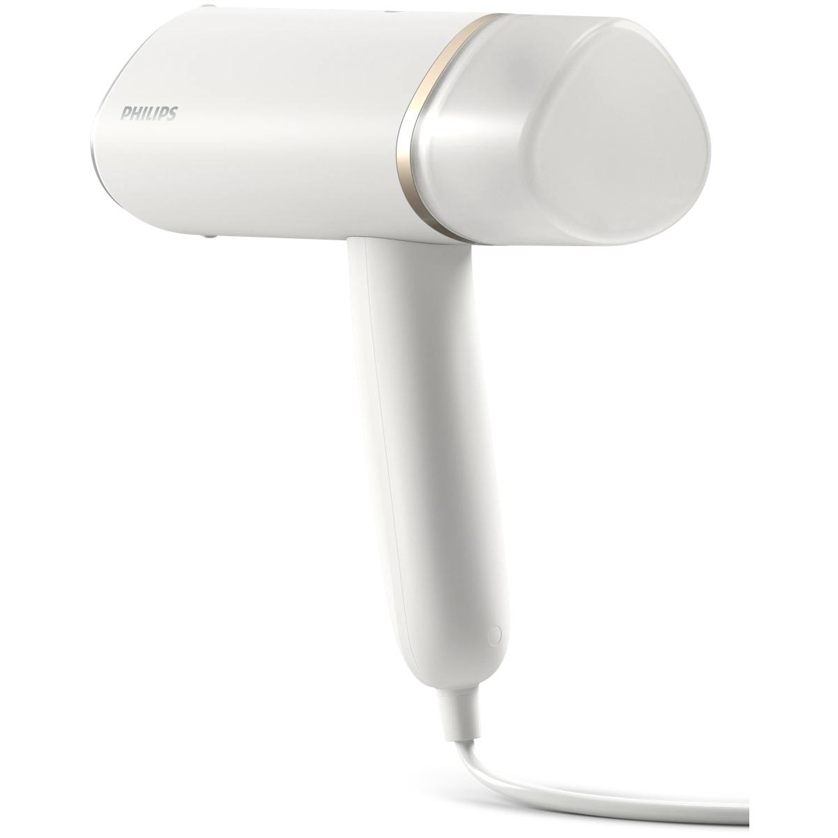 Altın vurgulu beyaz Philips el tipi buharlı temizleyici ve beyaz kablosu.