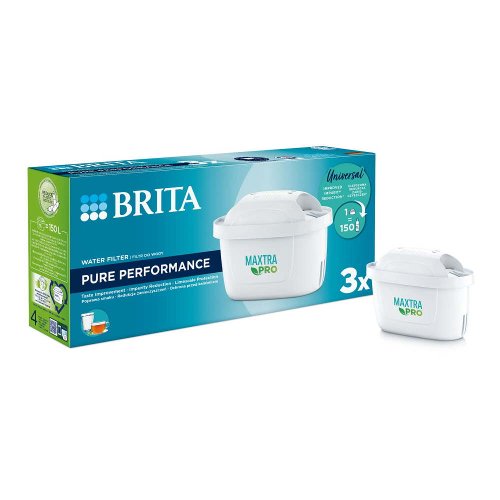Confezione da 3 filtri per acqua Brita MAXTRA PRO su sfondo bianco.