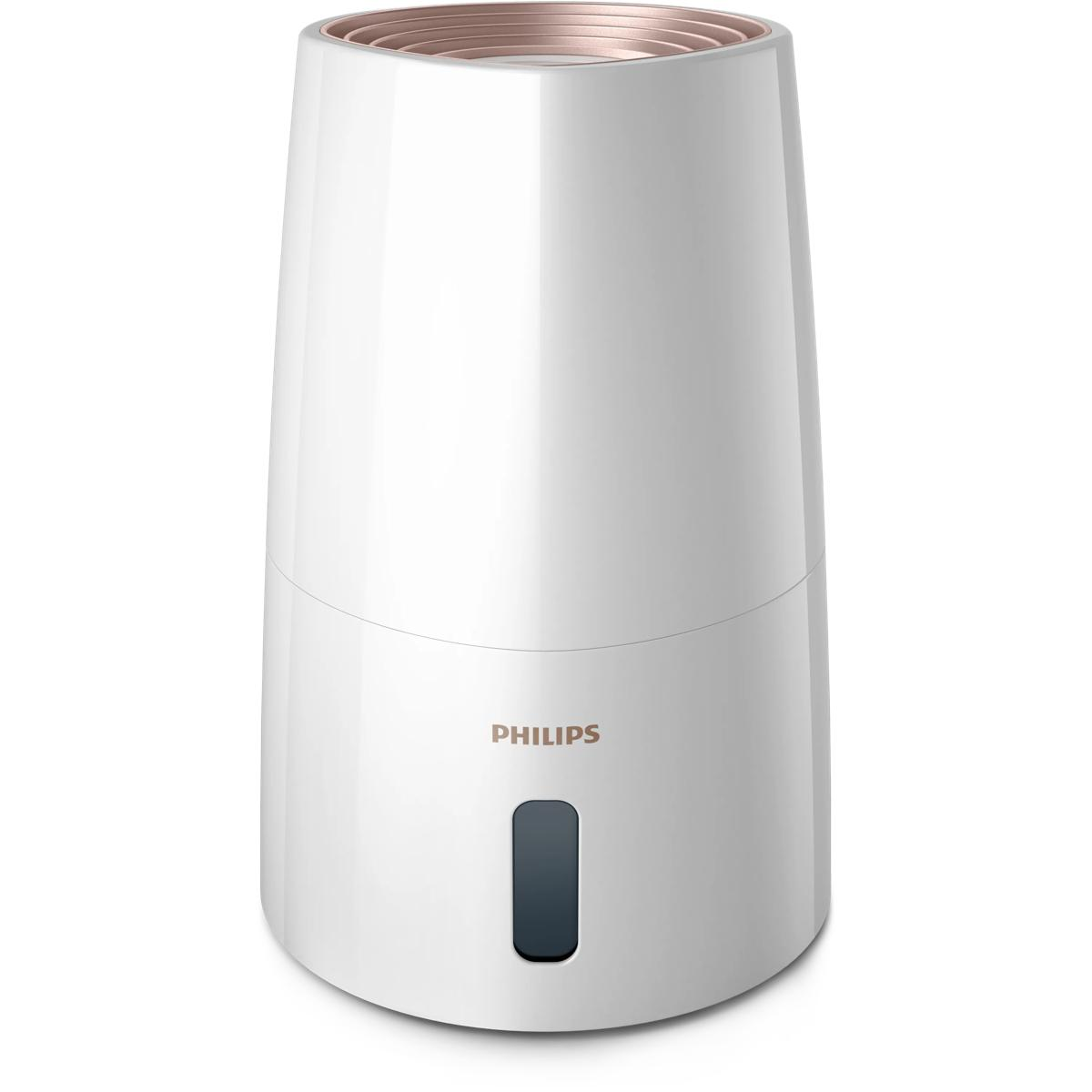 Umidificatore Philips bianco con top oro rosa e indicatore grigio scuro.