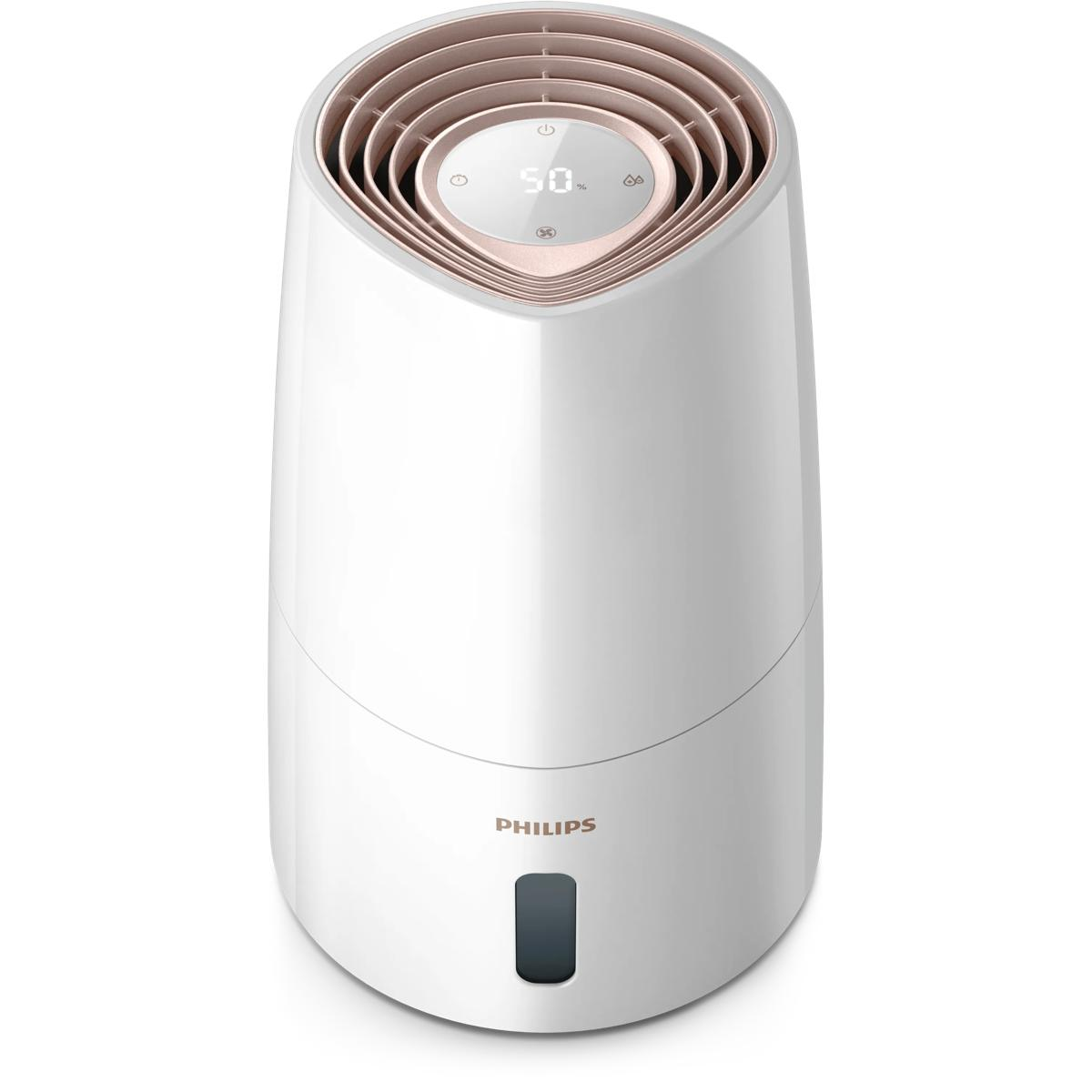 Un umidificatore Philips bianco con prese d'aria e display digitale.