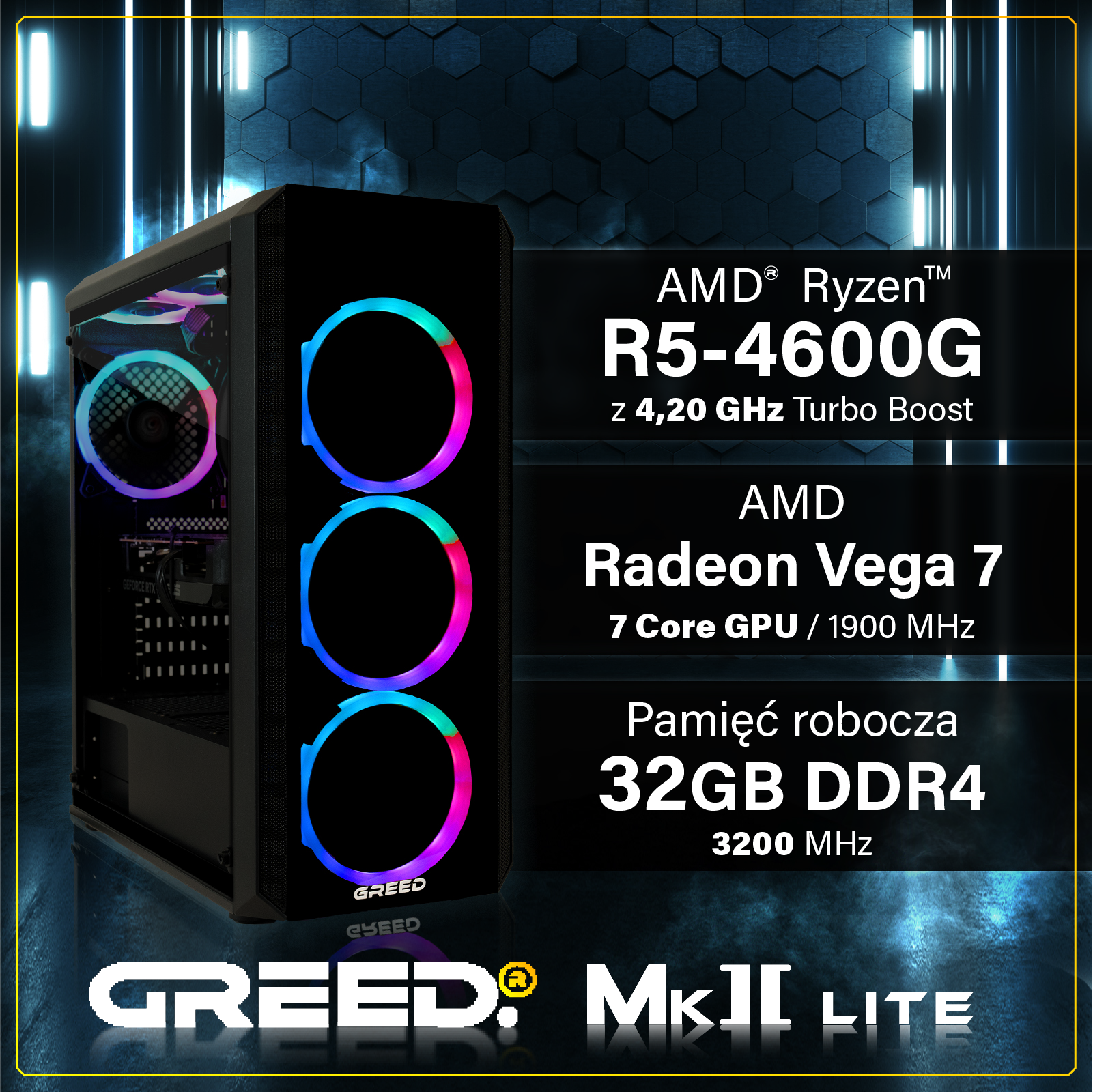 Obudowa komputera gamingowego z wentylatorami RGB i specyfikacją AMD Ryzen.