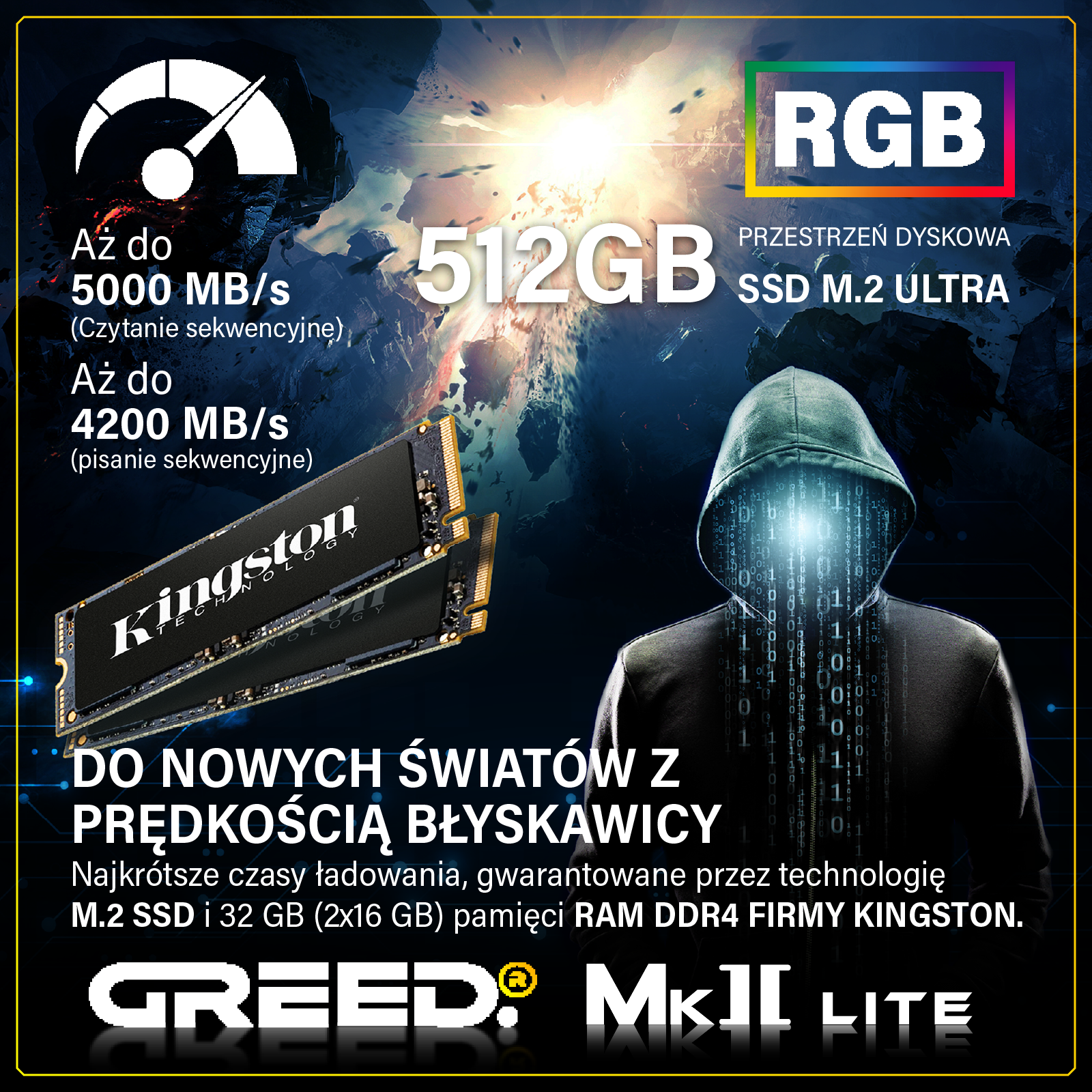 Mężczyzna w kapturze na tle asteroidów, z danymi i symbolem RGB.