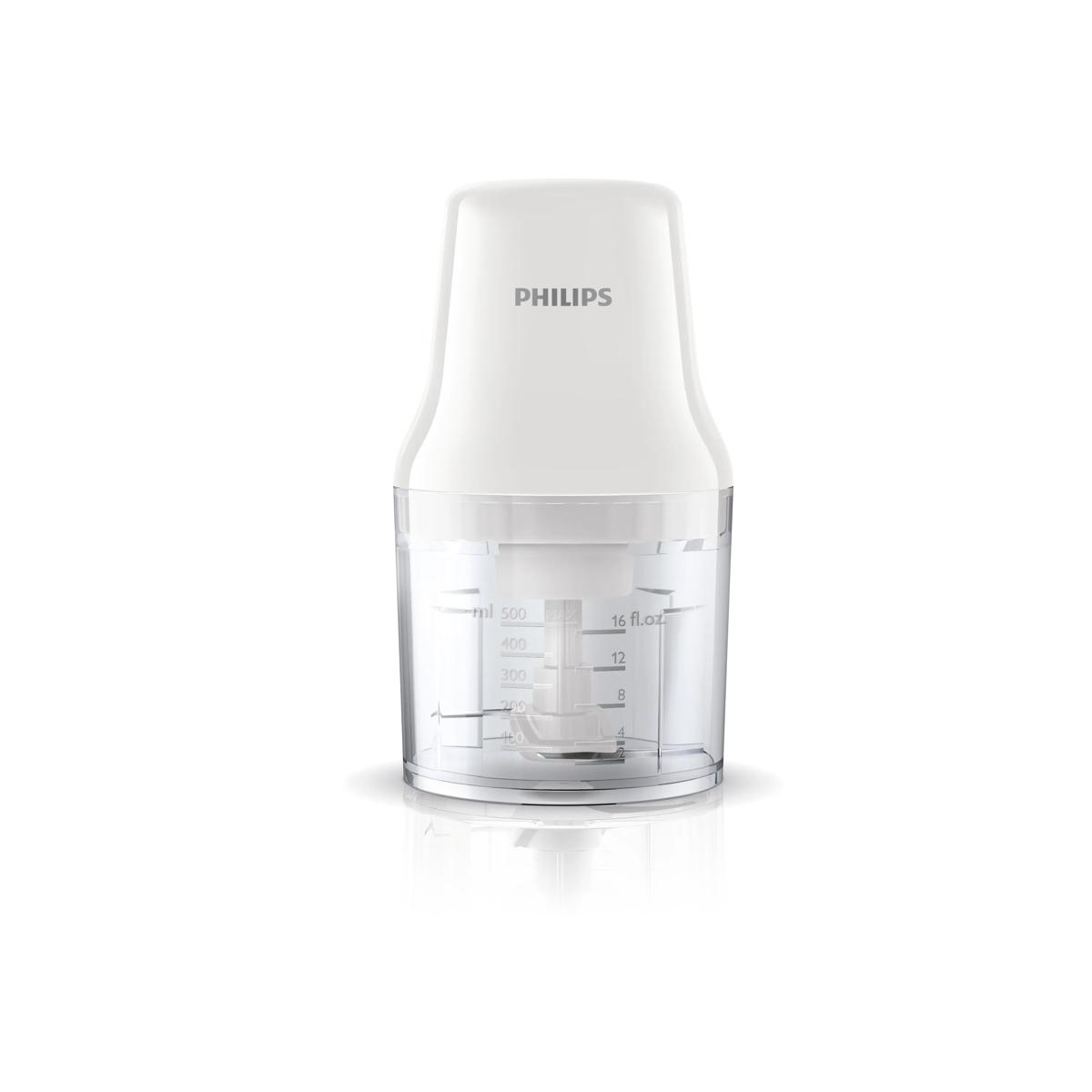 Un picador Philips blanco con recipiente transparente y marcas de medición.