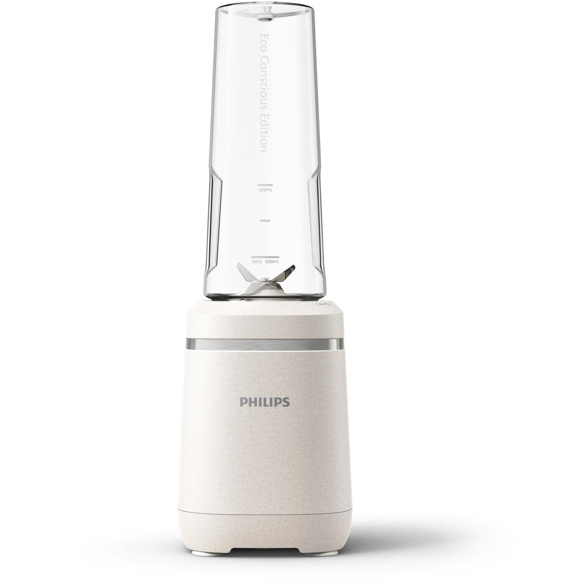 Ein beiger Philips Mixer mit einem durchsichtigen Behälter und Klingen.