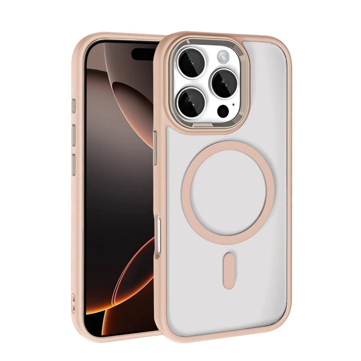 iPhone için altın rengi çerçeveli ve kamera adacıklı şeffaf kılıf.