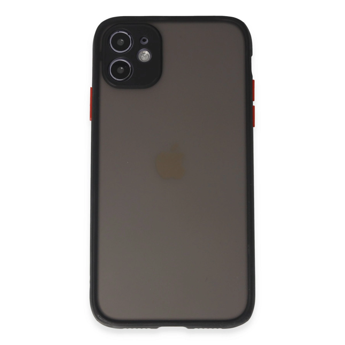 Yanlarda kırmızı vurgulu, koyu dumanlı iPhone kılıfının arkası.