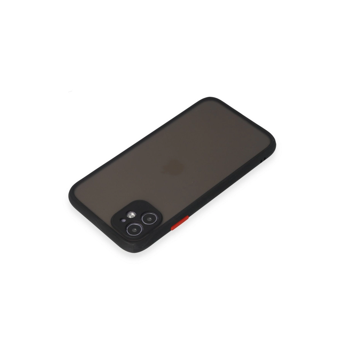 Beyaz arka plan üzerinde iki kamera ve kırmızı vurgulu koyu telefon kılıfı.
