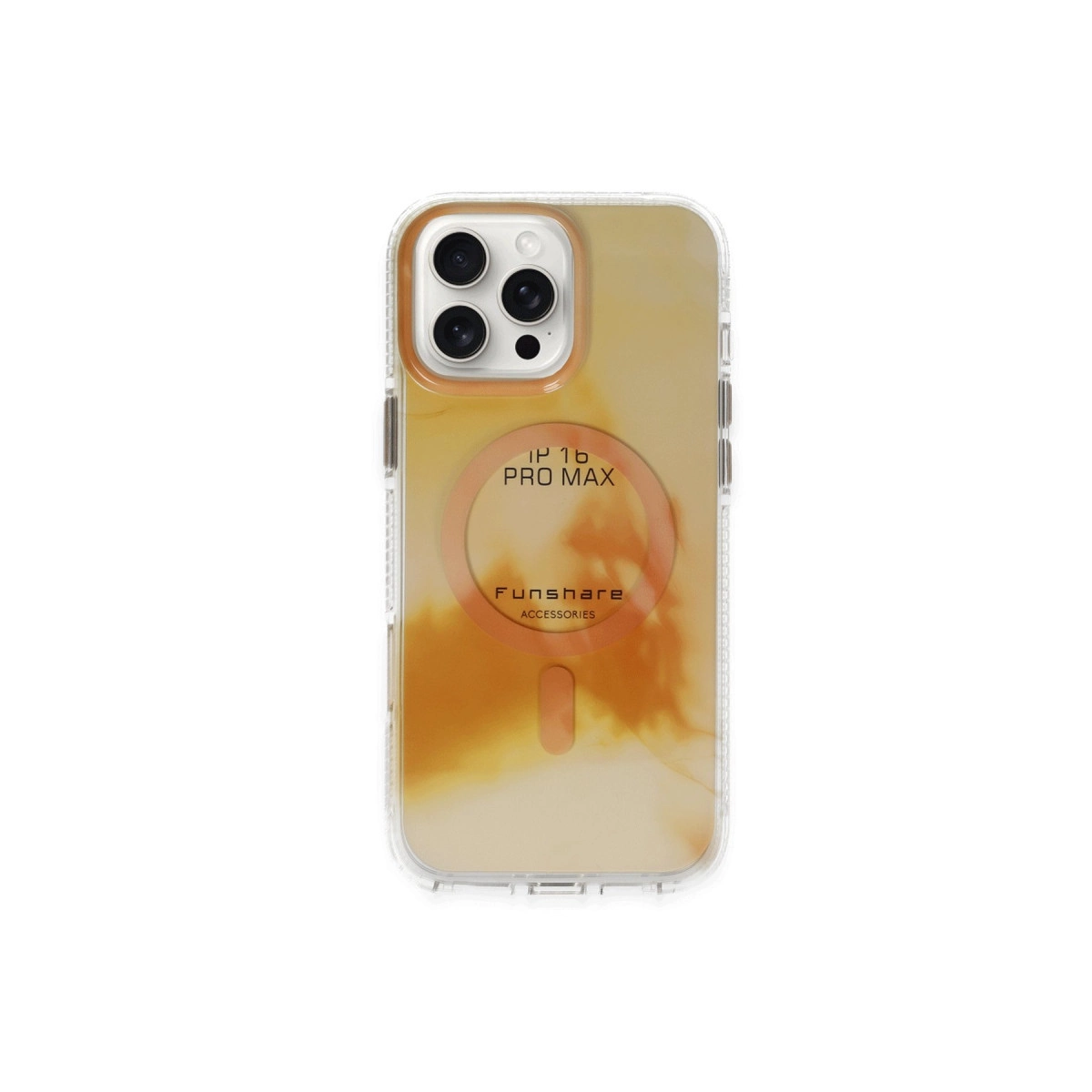 Turuncu-sarı mermer desenli ve kamera kesimli şeffaf telefon kılıfı.