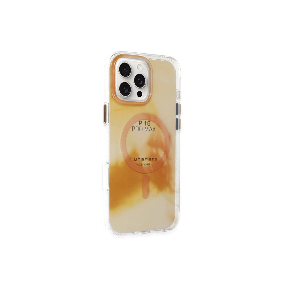 iPhone 16 Pro Max için mermer desenli turuncu ve bej tasarımlı şeffaf telefon kılıfı.